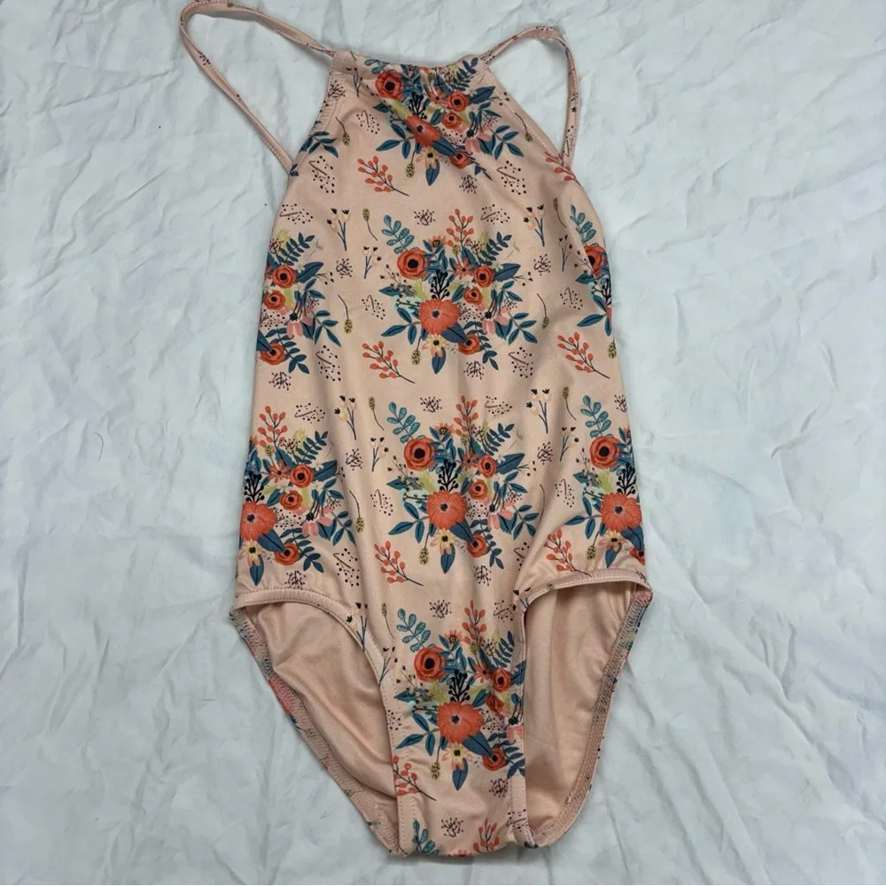 Peek Feather & Arrow Peach Orange Floral One-Piece Swimsuit Size 6/7 VGUC